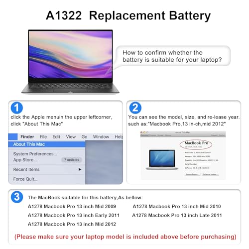 TREE.NB A1322 A1278 Laptop Battery for MacBook Pro 13 inch [2009 2010 2011 2012 Version]，not for A1278 [2008 Version], 63.5Wh 10.95V Lithium Ion Battery - size: ‎8.33x3.42x0.55inch A1322
