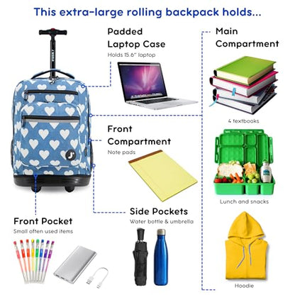 J World Sundance Laptop Rolling Backpack for Girls Boys. Roller Bookbag with Wheels, 20 Inch, Demim Heart - color: Denim Heart