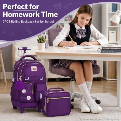WZLVO Rolling Backpack for Girls Women, 21 inch Water Resistant Roller Wheels Backpacks, Wheeled Bookbag with Lunch Bag for Teen Elementary School Travel - Dark Purple - color: Dark Purple