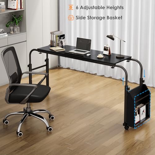 Overbed Table with Wheels,60.6-84.2 inches Mobile Bed Desk, Black | Rolling Computer Desk with 0-65°Tilt Stand,4 Heights and 6 Lengths,Side Storage Basket,for Home,Office and Hospital - color: Black