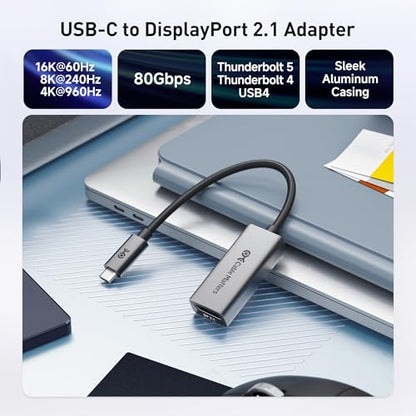 Cable Matters 80Gbps Unidirectional USB C to DisplayPort 2.1 Adapter | 16K@60Hz / 8K@240Hz / 4K@960Hz, HDR, USB C to DP 2.1, Thunderbolt 5/4 and USB4 Compatible, for VR Headset/MacBook/XPS