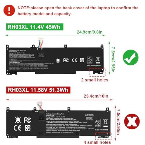 11.4V 45Wh RH03XL M02027-005 M01524-1D1 Laptop Battery for HP ProBook 430 440 445 450 630 640 650 G8 Series HSTNN-IB9Q HSTNN-OB1T HSTNN-DB0B HSTNN-UB7X M01524-2B1 M01524-AC1 (short style) - size: 9.8*2.99*0.24inch RH03XL