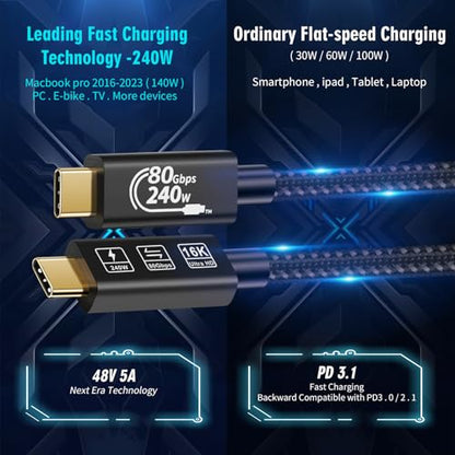 with Thunderbolt 5 Cable,USB4 Cable, 240 W Charging, 80 Gbps Data, gen4,16K@60Hz 4K120Hz HDR, USB C to USB C, for Hub, Dock, M2, M3, SSD, Laptops, Monitor (TB5 80G 240W 0.5M) - size: TB5 80G 240W 0.5M