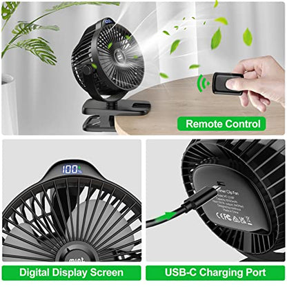 Minthouz 8000mAh Rechargeable Small Clip Fan with Battery Level Indicator | Battery Powered Fan with Remote, 720° Rotation Low Noise USB C Desk Fan for Outdoor Home/Office/Camping/Travel - color: Black