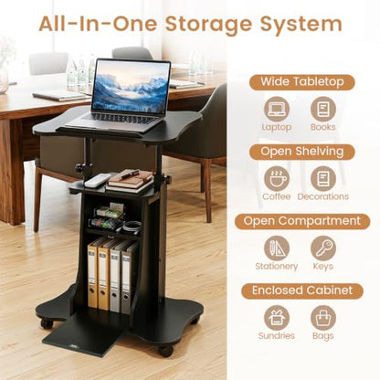 GIANTEX Mobile Podium Stand, Sit-to-Stand Laptop Cart (Black, 1 Pack) | Tilting Tabletop & Storage Cabinet, Lockable Casters, Height-adjustable Rolling Lectern for Classroom, Church, Home Office - color: Black