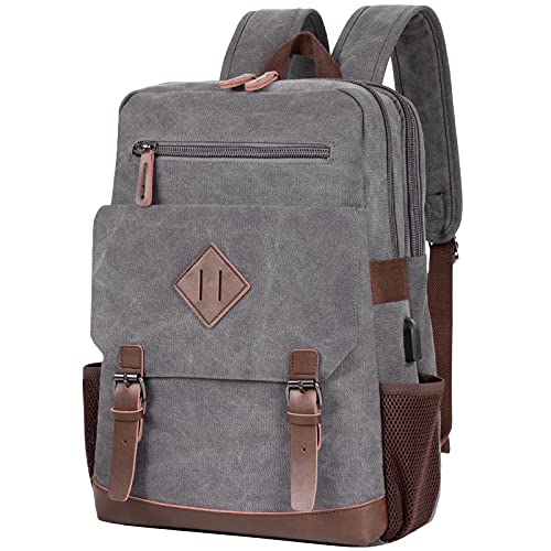 Vintage Canvas Backpack with USB Charging Port, Bag Fits 15.6 Inch Laptop | Canvas backpack with USB charging port, bag for daily commuting and short-distance travel - color: Grey
