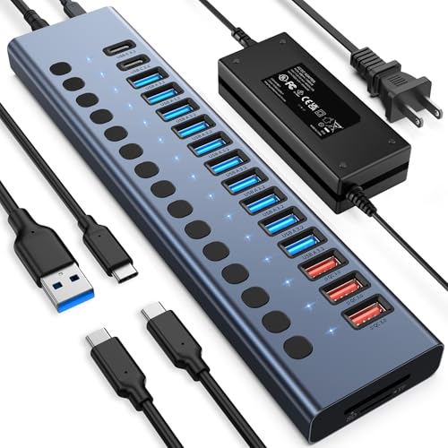 Powered USB Hub 10Gbps, 17 Ports USB 3.2 Hub, 96W Power Adapter | 10 USB-A 3.2, 3 QC 24W Fast Charging, 2 USB-C 3.2, SD/TF, 12V/8A Power Adapter for Laptop, PC, Computer, HDD, Flash Drive - color: Gray