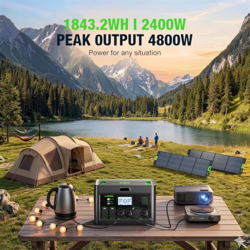 Portable Power Station 2400W Solar Generator with 2x200W Solar Panel | (Ship Separately),1843.2Wh LiFePO4 Battery Backup,23.5% High Efficiency Solar Charger,for Outdoor,RV Trip,Home Emergency - color: Green