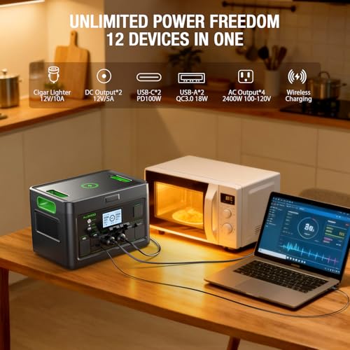 2400W Portable Power Station 1843.2Wh Solar Generator Home Power Backup | 12 Outlets with 100W USB-C PD Fast Charging, Pure Sine Wave AC Outlet, for Home Use, RV Camping, Emergency & Off-Grid Living - color: Sliver