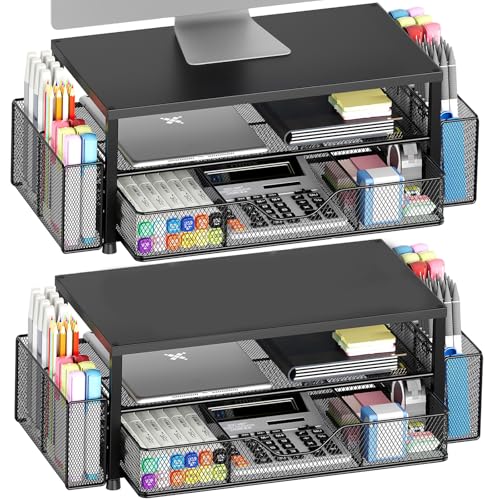 OPNICE Desk Organizer and Accessories, 2-Tier Computer Monitor Stand Riser with Drawer and 2 Pen Holders, Laptop Stand, Office Desk Accessories for Office Supplies, 2 Pack, Black - color: Black 2-Pack, size: Single