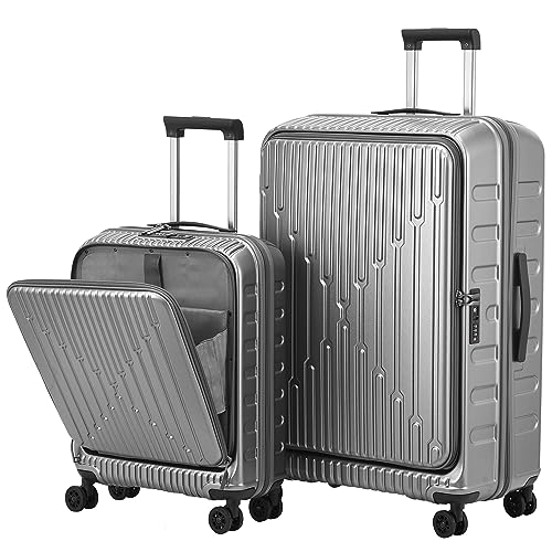 Kaleenie 2 PCS 20/29 Luggage Sets, 20” Cabin Luggage 29” Side Open Suitcase | 20 Inch with Front Pocket,29 Inch Checked Trunk Suitcase,Lightweight ABS+PC Hardshell,TSA Lock,HINOMOTO 360° Wheels,Grey - color: Dark Gray, size: 20/29 Set