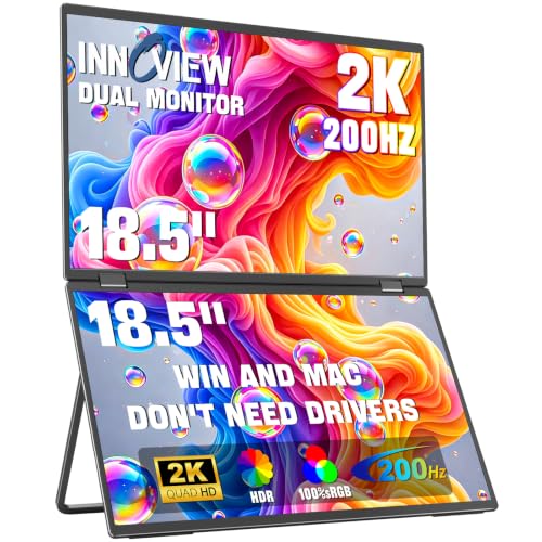 InnoView 18.5" Dual Portable Monitor 2K 200Hz 100% sRGB - Foldable & Stackable Design with 315° Screen Adjustment & 180° Stand | DP/USB-C/HDMI, Second Monitor for Laptop, Mac, Windows - size: 18.5