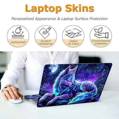 Universal Laptop Skin Sticker with 2 Wrist Pad Decals, 3-Piece Removable Vinyl Laptop Cover, Magic Wolfs Waterproof Anti-Scratch, Easy-Trim Fit for 13.3" 14" 15.6" Laptops - color: Magic Wolf