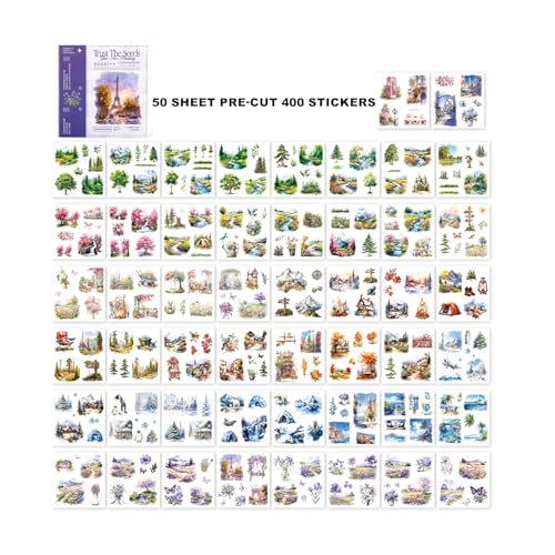 Scrapbook Stickers 50 Sheets Seasonal Landscape Sticker 400 Pre-Cut Washi Stickers Scrapbooking Supplies Collage Decorative DIY Arts Craft Making - color: Purple