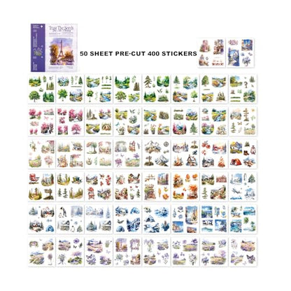 Scrapbook Stickers 50 Sheets Seasonal Landscape Sticker 400 Pre-Cut Washi Stickers Scrapbooking Supplies Collage Decorative DIY Arts Craft Making - color: Purple
