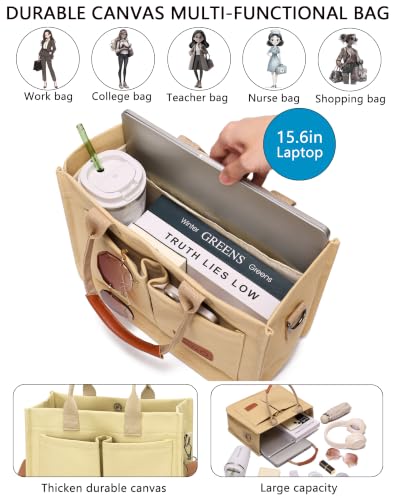 Canvas Tote Bag for Women,Women's Bags Crossbody Bags Work Laptop Tote Bag Large Handbags Purse for Travel Nurse Teacher - color: Canvs Cute Khaki With Compartments
