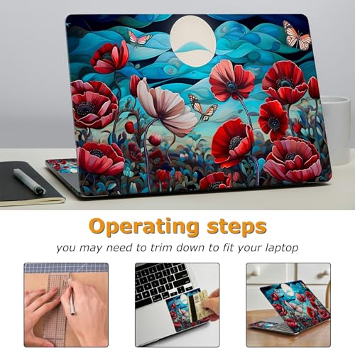Universal Laptop Skin Sticker with 2 Wrist Pad Decals, 3-Piece Removable Vinyl Laptop Cover, Moon Butterfly Poppy Waterproof Anti-Scratch, Easy-Trim Fit for 13.3" 14" 15.6" Laptops - color: Moon Butterfly Poppy