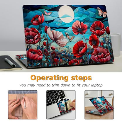 Universal Laptop Skin Sticker with 2 Wrist Pad Decals, 3-Piece Removable Vinyl Laptop Cover, Moon Butterfly Poppy Waterproof Anti-Scratch, Easy-Trim Fit for 13.3" 14" 15.6" Laptops - color: Moon Butterfly Poppy