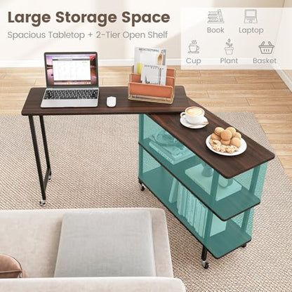 Giantex 360° Free Rotating Sofa Side Table, Mobile L-Shaped Laptop Desk with Sturdy Metal Frame, 6 Universal Casters, Movable Couch Snack Table with 2-Tier Storage Shelf for Home (Walnut) - color: Walnut