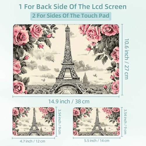 Universal Laptop Skin Decal, 3-Piece Vinyl Protector for 12 13 14 15.6" Notebook, Waterproof Anti-Scratch, Easy Trim & Bubble-Free Finish, Eiffel Tower Surrounded by Pink Rose - color: Eiffel Tower Surrounded by Pink Rose