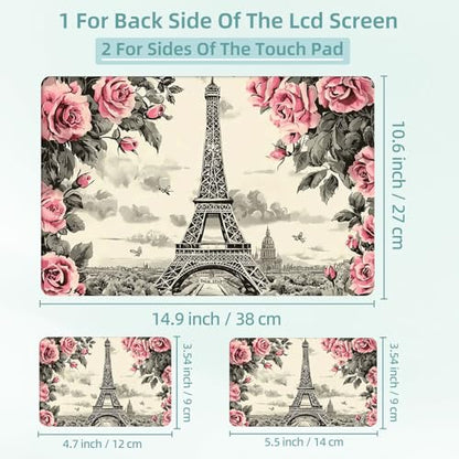 Universal Laptop Skin Decal, 3-Piece Vinyl Protector for 12 13 14 15.6" Notebook, Waterproof Anti-Scratch, Easy Trim & Bubble-Free Finish, Eiffel Tower Surrounded by Pink Rose - color: Eiffel Tower Surrounded by Pink Rose