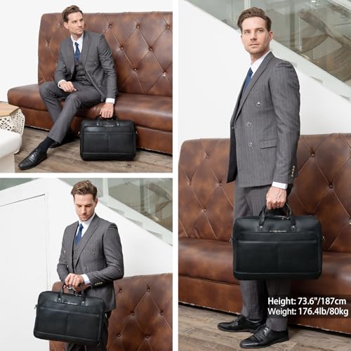 Masa Kawa Leather Briefcase for Men 15.6" 17" Laptop Business Messenger Bag | Computer Sleeve, Travel Luggage Strap, Professional Office Work Lawyer Crossbody Shoulder Attache Case - color: Black -Fits 17.3 Inch Laptop