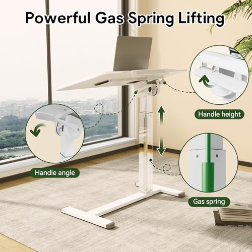 Foldable Mobile Standing Desk 180° Tilt Adjustable on Wheels | 32inch Pneumatic Portable Rising Desk with 4 Hidden or Lockable Casters, Rolling Overbed Bedside Table for Home Office, White - color: White