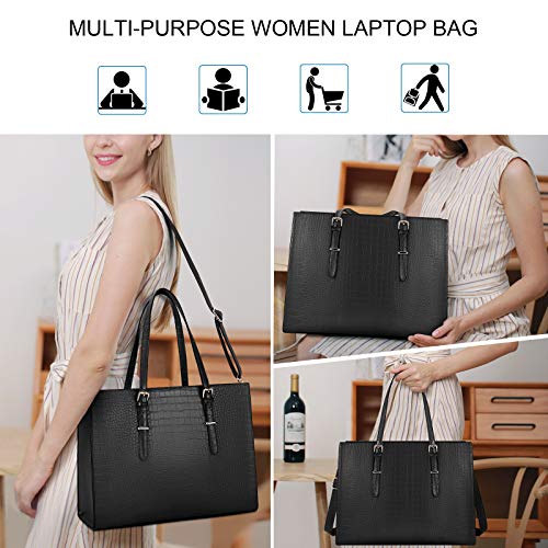 Laptop Bag for Women 15.6 Inch Crocodile Leather Tote Bag Water-resistant Work Briefcase Business Computer Shoulder Bag for Travel Teacher Nurse Professional Handbag,Black - color: Black