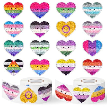 LGBTQ Glitter Heart Sticker - 2Rolls Pride Month Smile Design Waterproof Self Adhesive Residue Free Removal for Laptop Water Bottle Scrapbook LGBTQ Gay Bar Party Decoration Craft Decor - style: LGBTQ Glitter Heart