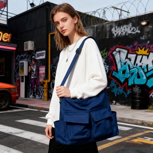 Canvas Messenger Bag Large Hobo Crossbody Bag with Multiple Pockets Casual Shoulder Tote Bag for Women and Men - color: Navy