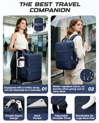 Travel Backpack for Women Men with Compression Vacuum Storage Bag & Electric Pump, Flight Approved Carry On Backpack, Frontier Spirit Airlines Personal Item Bag 18x14x8, Navy Blue - color: Navy Blue