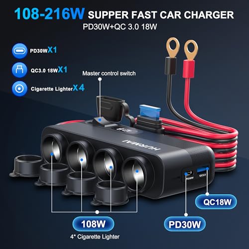 12V Socket Power Outlet 216W 10FT Cable USB C Car Charger Adapter | 216W USB-C fast charge. 10FT long cable. 12V/24V for cars/trucks/boats. Durable outlet for battery power supply.