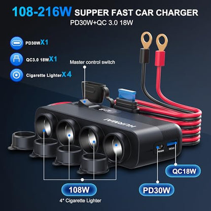 12V Socket Power Outlet 216W 10FT Cable USB C Car Charger Adapter | 216W USB-C fast charge. 10FT long cable. 12V/24V for cars/trucks/boats. Durable outlet for battery power supply.