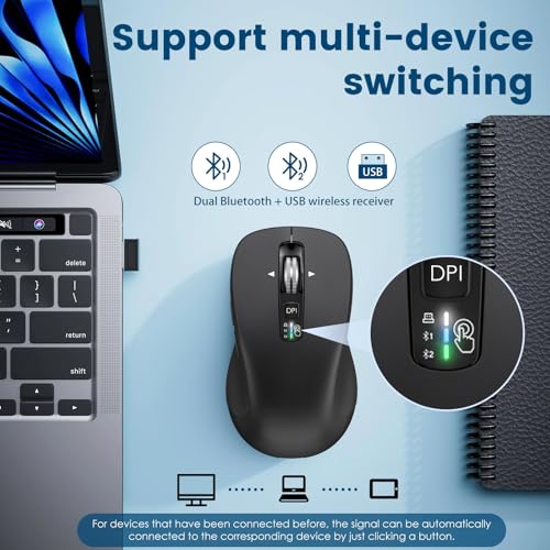 CITLLA Wireless Bluetooth Mouse (USB + BT1 + BT2), Full Size, 4-Way Scrolling, Multi-Device Silent Mouse for Computer, Laptop, iPad, MacBook (Black) - color: Black