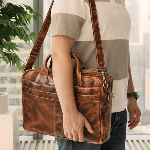 DEBKIN CONNECTED Leather Briefcase 18 inch Laptop Messenger Bag for Men and Women - Best Office Satchel Bag - Top Grain Buffalo Leather Messenger Bag for Men & Women