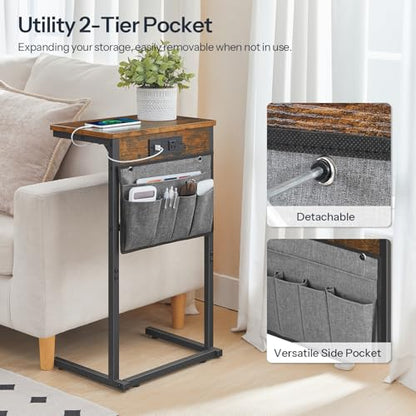 HOOBRO C Shaped End Table with Charging Station, 28" H Couch Side Table Slide Under, Sofa Arm Tray Table with Storage Bag for Living Room, Recliner, Rustic Brown BF70USF01 - color: Rustic Brown