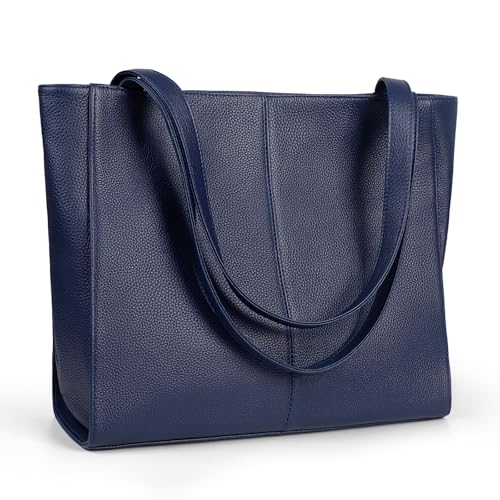 befen Genuine Leather Tote Bag for Women Work Travel Leather Purse Handbags | Real Leather, Padded 14" Laptop Compartment, Multi-Pockets, Zipper, Tote Bag for Daily - color: Navy Blue
