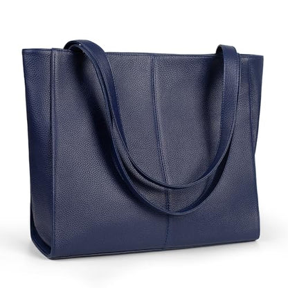 befen Genuine Leather Tote Bag for Women Work Travel Leather Purse Handbags | Real Leather, Padded 14" Laptop Compartment, Multi-Pockets, Zipper, Tote Bag for Daily - color: Navy Blue