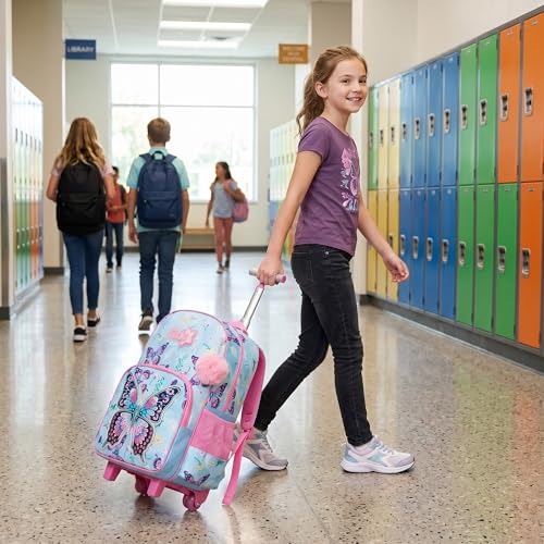 Meetbelify Kids Rolling Backpack with Wheels for Girls Cute Butterfly School Roller Backpack,Carry on Travel Luggage with Lunch Bag and Pencil Case for Girls Ages 5-12 - color: 01 Pink Butterfly