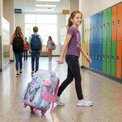 Meetbelify Kids Rolling Backpack with Wheels for Girls Cute Butterfly School Roller Backpack,Carry on Travel Luggage with Lunch Bag and Pencil Case for Girls Ages 5-12 - color: 01 Pink Butterfly