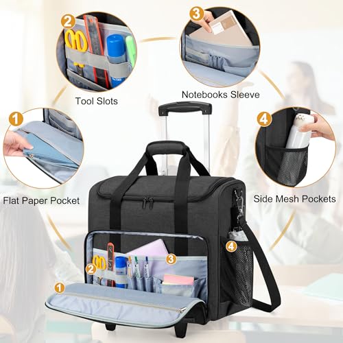 Trunab Rolling Teacher Bag, Teacher Tote Bag with Padded Sleeves | with Bottom Pad and Detachable Trolley, Wheeled Teacher Bag Holds up to 15.6” Laptop - color: Black