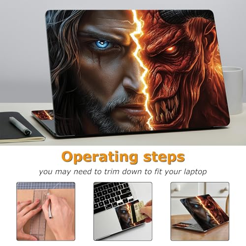 Universal Laptop Skin Sticker with 2 Wrist Pad Decals, 3-Piece Removable Vinyl Laptop Cover, Face of Jesus and Devil Waterproof Anti-Scratch, Easy-Trim Fit for 13.3" 14" 15.6" Laptops - color: Face of Jesus and Devil