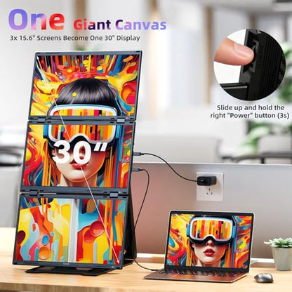 Quad Laptop Screen Extender, 15.6" FHD 1080P Quad Monitor, Combine into One 30" Screen (Landscape/Portrait), Just 1 Cable for 3 Screens, Driver Required, Compatible with Wins & Mac - size: 15.6-Q