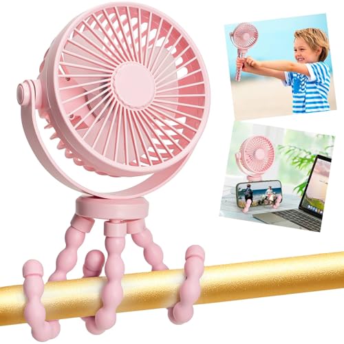 snawowo Mini Portable Stroller Fan, 3000mAh Battery Operated Personal Small | Handheld Fan with Flexible Tripod, 360° Rotate 3 Speed Rechargeable Clip On for Car Seat Crib Treadmill Travel Camping - color: C-Pink
