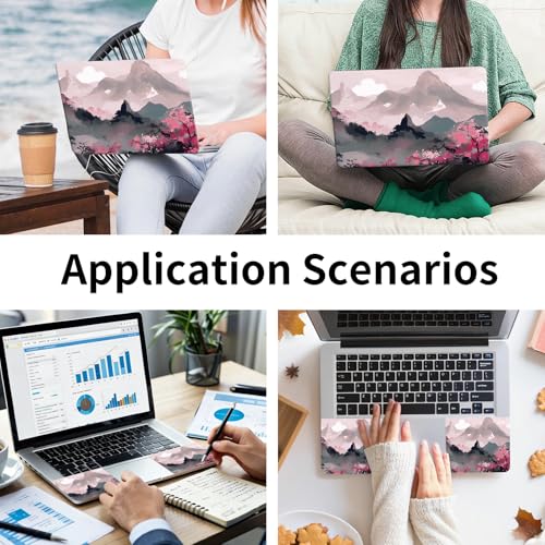 Laptop Skin Sticker 3-Piece Set,Mountains with Pink Flowers | Trim-to-fit 3-piece vinyl set with one 15 x 10.6 in lid skin and two palm-rest decals for many 12-15.6 in laptops - color: Mountains With Pink Flowers