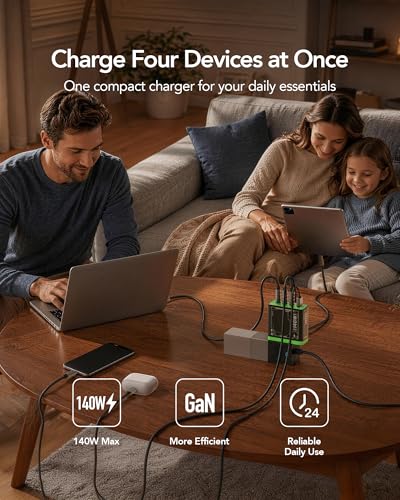 Mfish E-Rhino 140W USB-C Charger, True PD 3.1 GaN Fast Charger, 4-Port (3 USB-C + 1 USB-A) Foldable Plug Power Adapter for MacBook Pro 16”, iPhone 17/16, iPad, Galaxy, Tablet, Laptop Black - color: 140W-Black