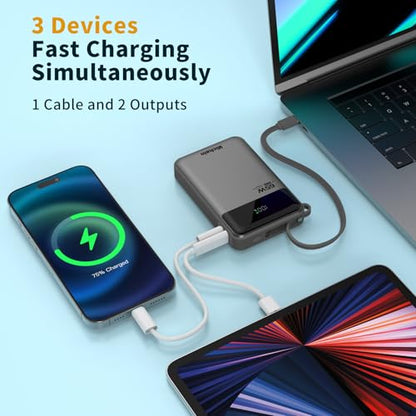 Hichain Laptop Power Bank 65W 20000mAh with Built-in USB-C Cable | 3 Chraging Port Fast Charging Battery Pack for MacBook iPhone 17 16 15 Series Android Switch Travel Essential Gray - color: Black
