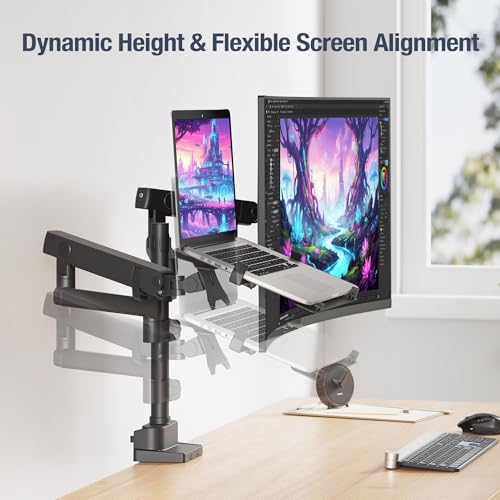 AVLT Laptop & Monitor Arm Pole Top Mount for 17-38" Screens - Black | Supports flat/curved/ultrawide screens up to 26.4 lbs. Mechanical spring, laptop tray, height adjustment and cable routing. - size: Laptop & 38 Inch Monitor Pole Arm