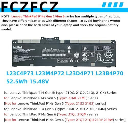 L23C4P73 Battery 52.5Wh 3392mAh Replacement for Lenovo Thinkpad T14 Gen 6 Gen 5 P14s Gen 5/6 Series SB11H56317 5B11H56416 L23M4P72 SB11H56316 5B11H56415 L23D4P71 L23B4P70 15.48V 4-Cell
