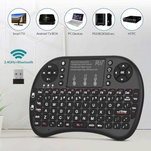 Rii 2.4GHz Mini Wireless Keyboard with Touchpad＆QWERTY Keyboard, Backlit Portable with Remote Control for Laptop/PC/Tablets/Windows/Mac/TV/Xbox/PS3/Raspberry Pi .(Black)